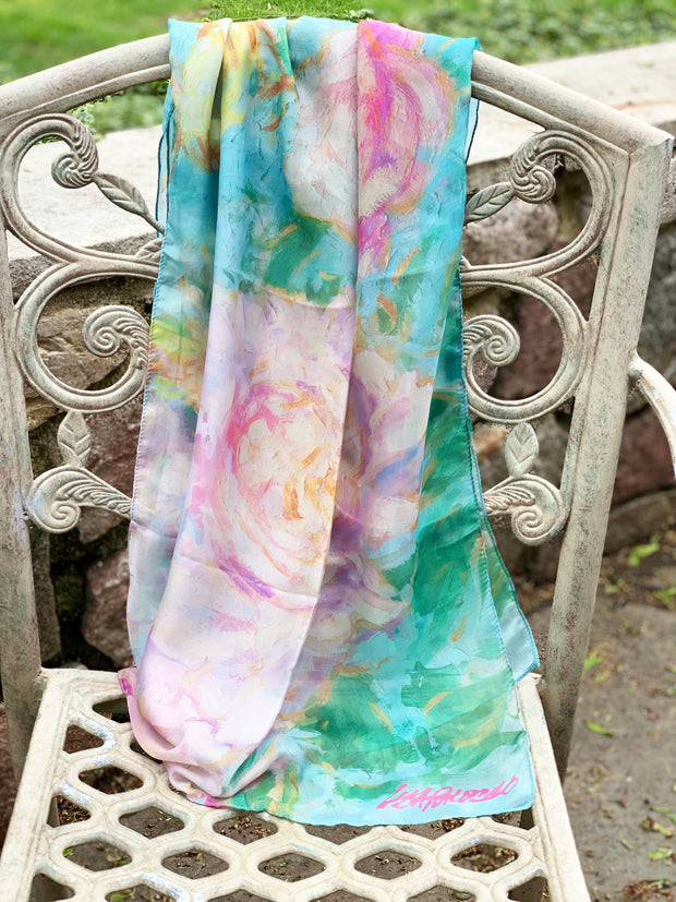 Peony and Songbirds - silk blend scarf
